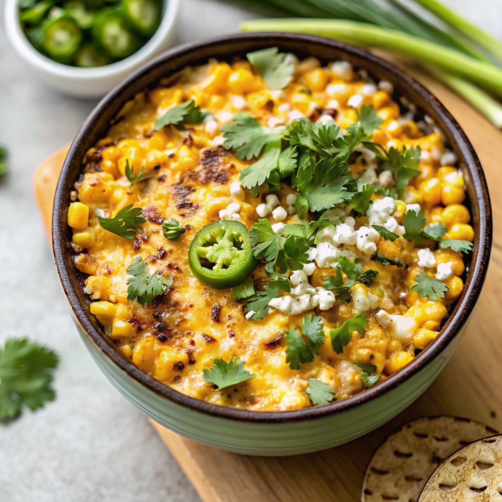 Beautifully finished Baked Elote Dip with golden-brown cheese top, colorful garnishes, and tortilla chips arranged around cast iron skillet