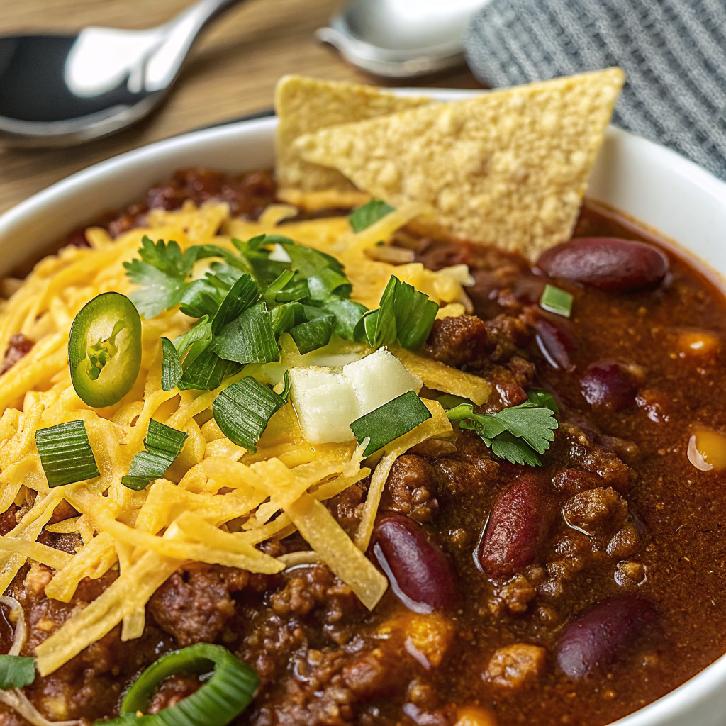 Steaming bowl of the best chili recipe topped with melted cheese, green onions, and Fritos, ready to serve