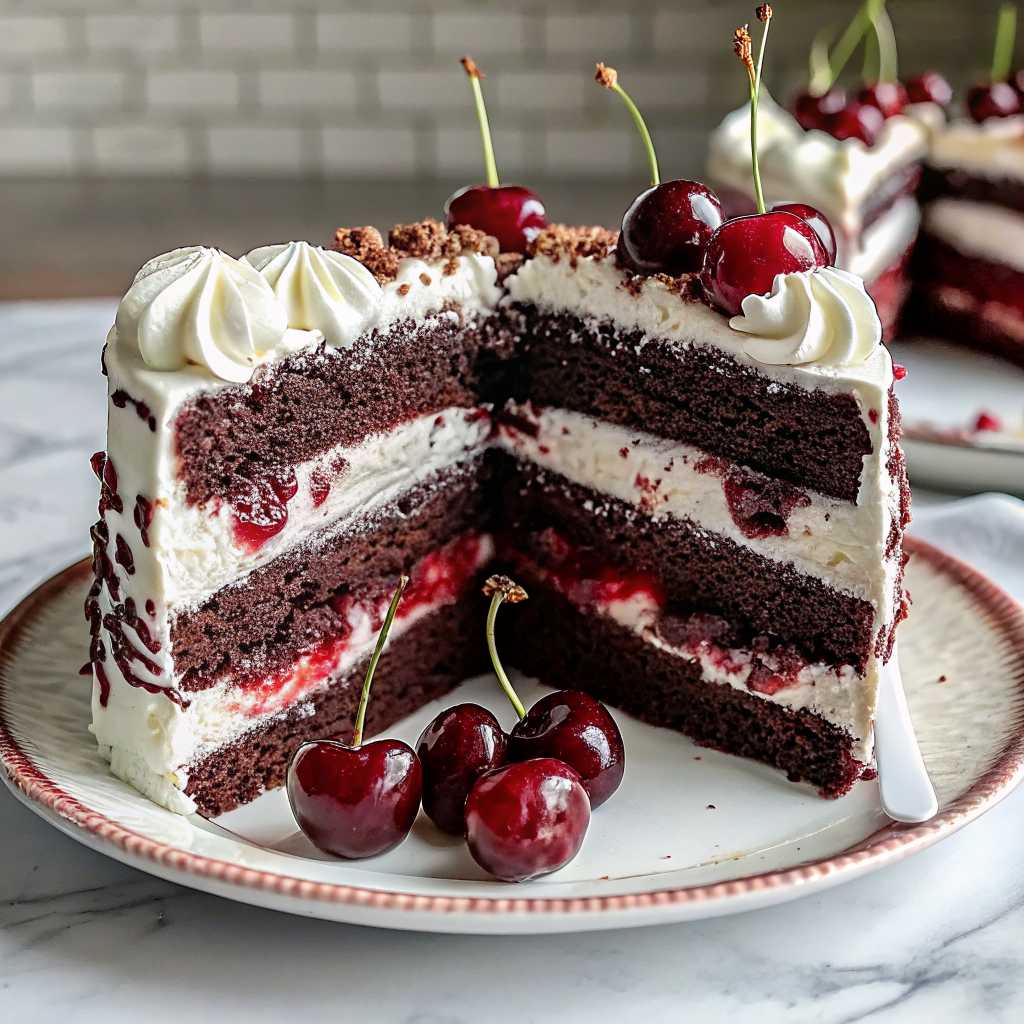 Stunning finished Black Forest Cake with chocolate shavings and fresh cherries on elegant cake stand