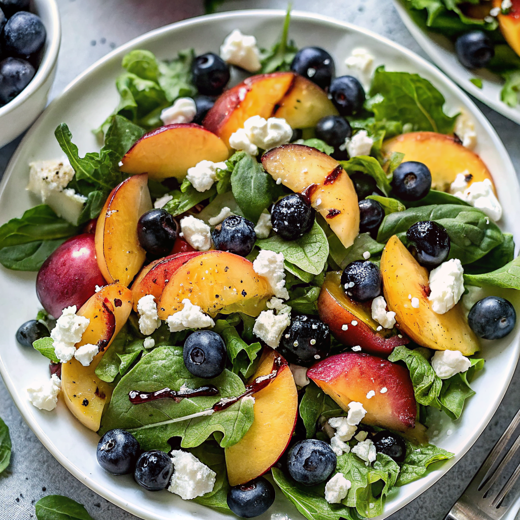 Beautiful finished Blueberry Peach Feta Salad served in a white bowl garnished with extra walnuts and fresh herbs