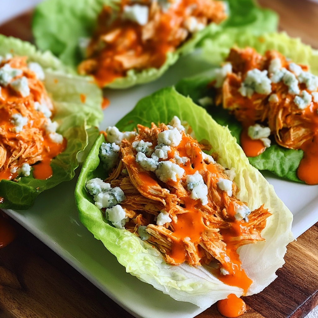 Beautifully plated Buffalo Chicken Lettuce Wraps on dark slate plate with artistic ranch drizzle and colorful garnishes