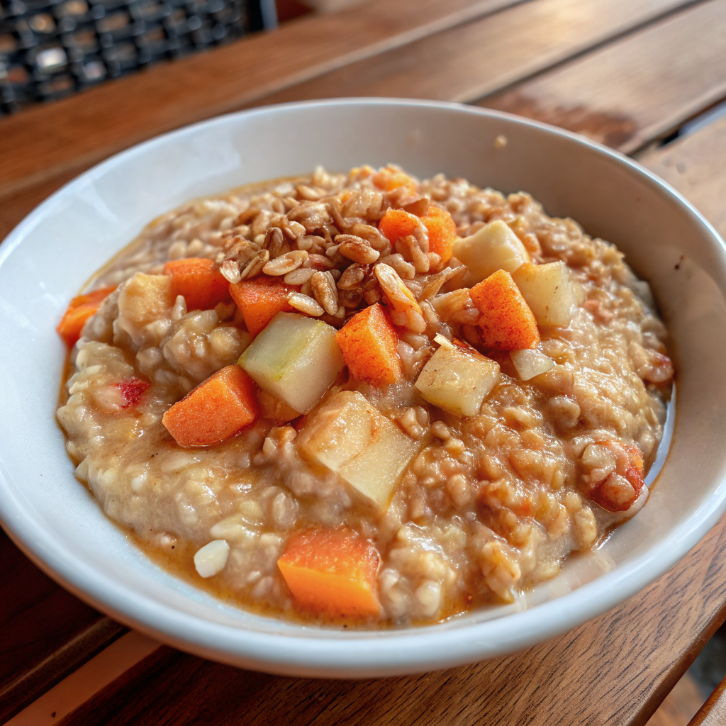 A beautiful bowl of finished carrot apple oatmeal topped with chopped walnuts and a drizzle of maple syrup, garnished with apple slices and cinnamon