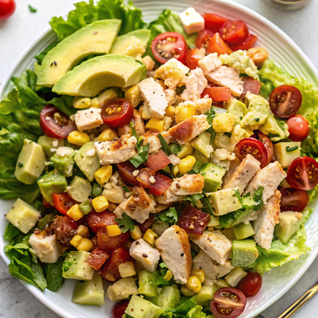 Beautiful finished Chicken Turkey Bacon Avocado Chopped Salad with Lemon Vinaigrette served in a white bowl with fresh herbs garnish