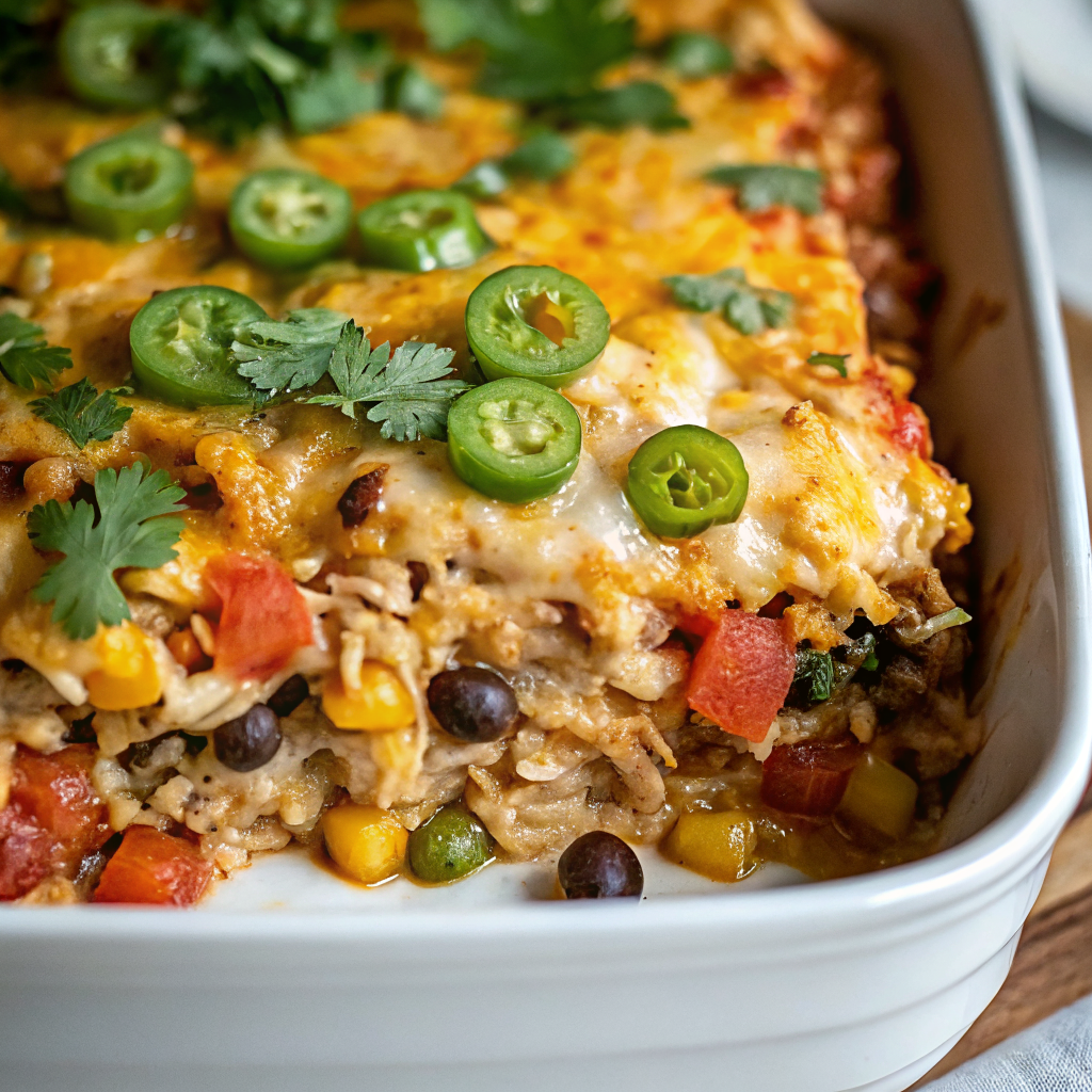 Perfectly baked Chicken Burrito Casserole with golden melted cheese, colorful vegetables, and fresh cilantro garnish served in a rustic ceramic dish