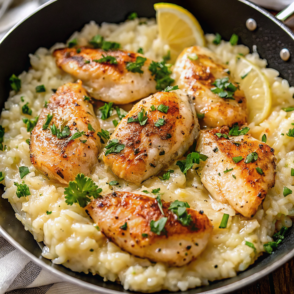 Beautifully plated Chicken Scampi with Garlic Parmesan Rice on elegant white dinnerware