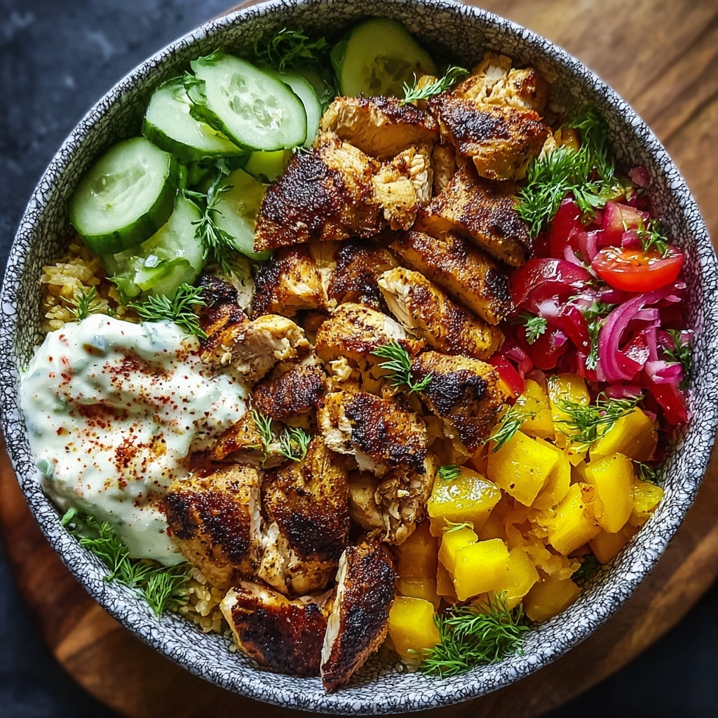 Beautiful finished chicken shawarma bowl with golden spiced chicken, fluffy quinoa, and colorful fresh vegetables artfully arranged in a white bowl