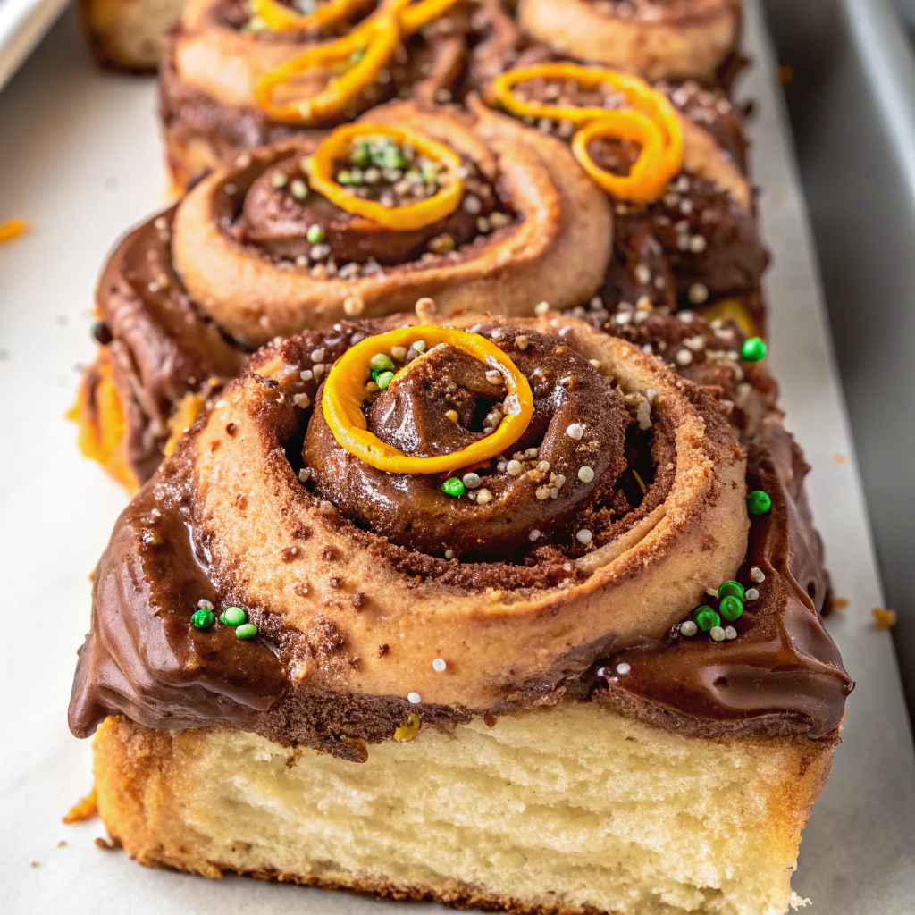 Golden brown chocolate orange cinnamon rolls with glossy chocolate orange frosting drizzled on top, arranged on a rustic wooden board