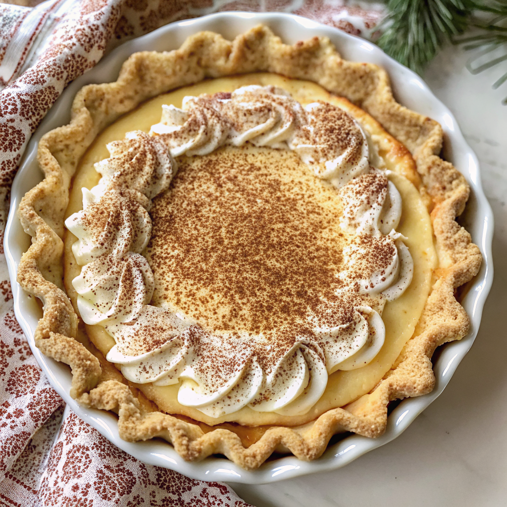Beautiful finished Christmas Eve Cinnamon-Vanilla Creamy Custard Pie Recipe on holiday table setting