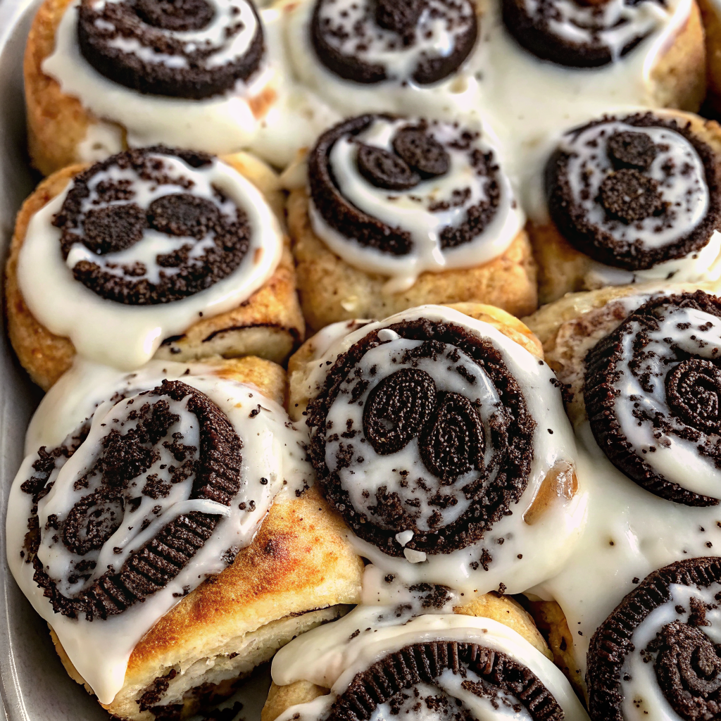 Perfectly baked cookies and cream cinnamon rolls with cream cheese frosting and crushed Oreos on top, served on a rustic wooden board