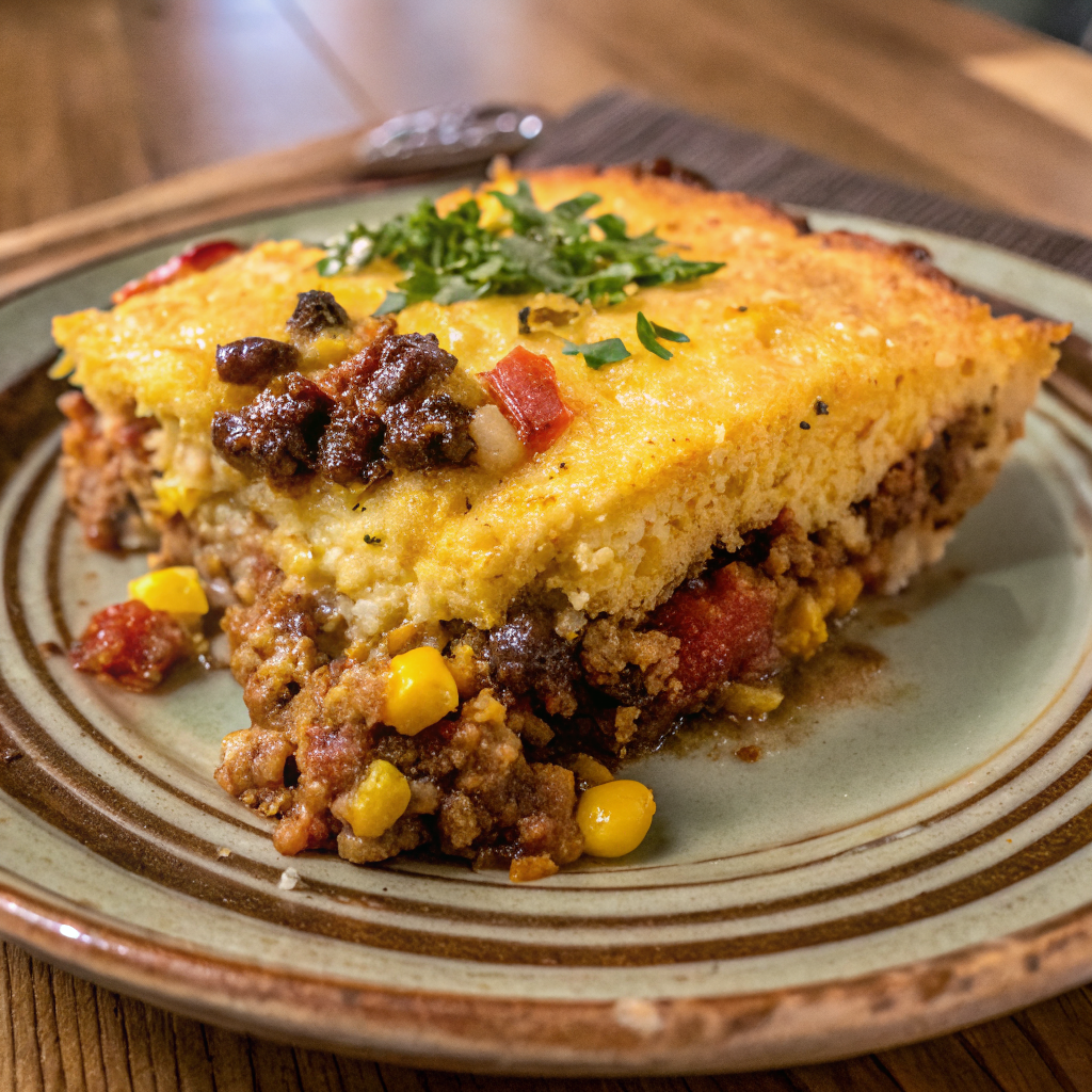 Perfectly presented Cornbread Cowboy Casserole with golden cornbread top and colorful filling visible, garnished with fresh herbs