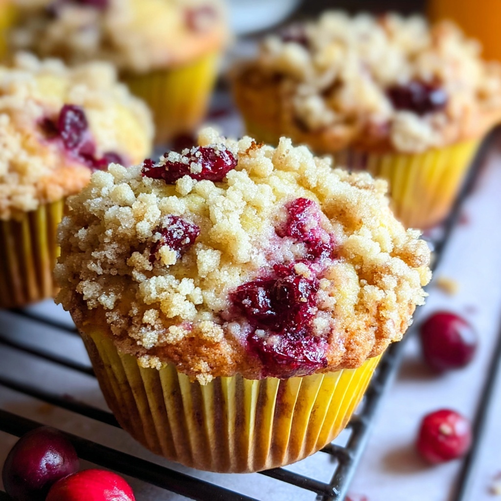 Golden cranberry orange muffins with streusel topping cooling on wire rack