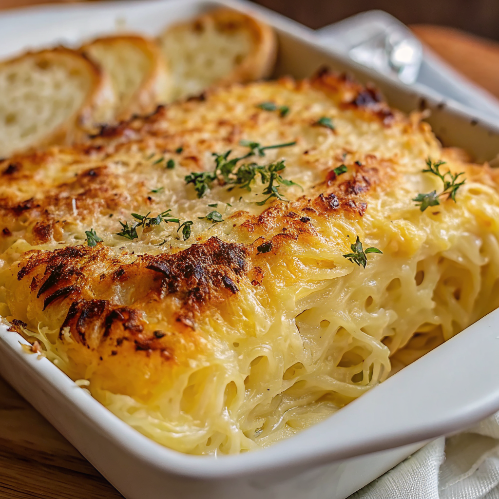 Golden brown creamy spaghetti squash au gratin fresh from the oven with bubbly cheese top and garnished with fresh thyme