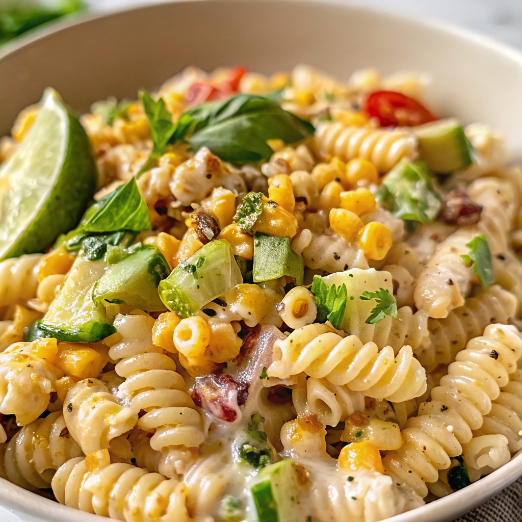 Beautiful finished Creamy Street Corn Pasta Salad garnished with fresh herbs and served in elegant bowl