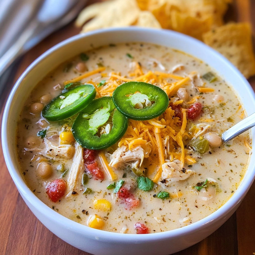 Bowl of finished creamy white chicken chili garnished with fresh cilantro, diced avocado, and shredded cheese, served with tortilla chips on the side