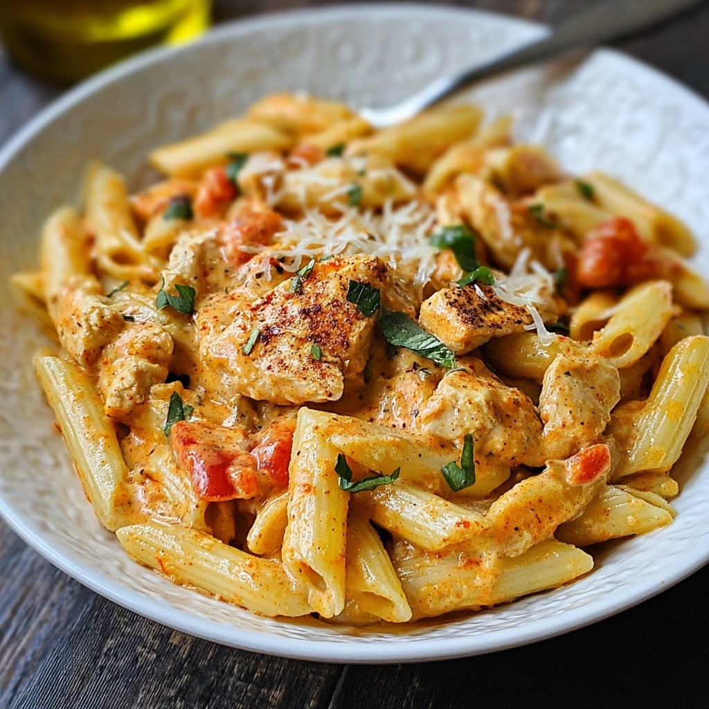 Beautiful finished Crock Pot Creamy Cajun Chicken Pasta in elegant bowl with fresh parsley garnish and perfect sauce consistency
