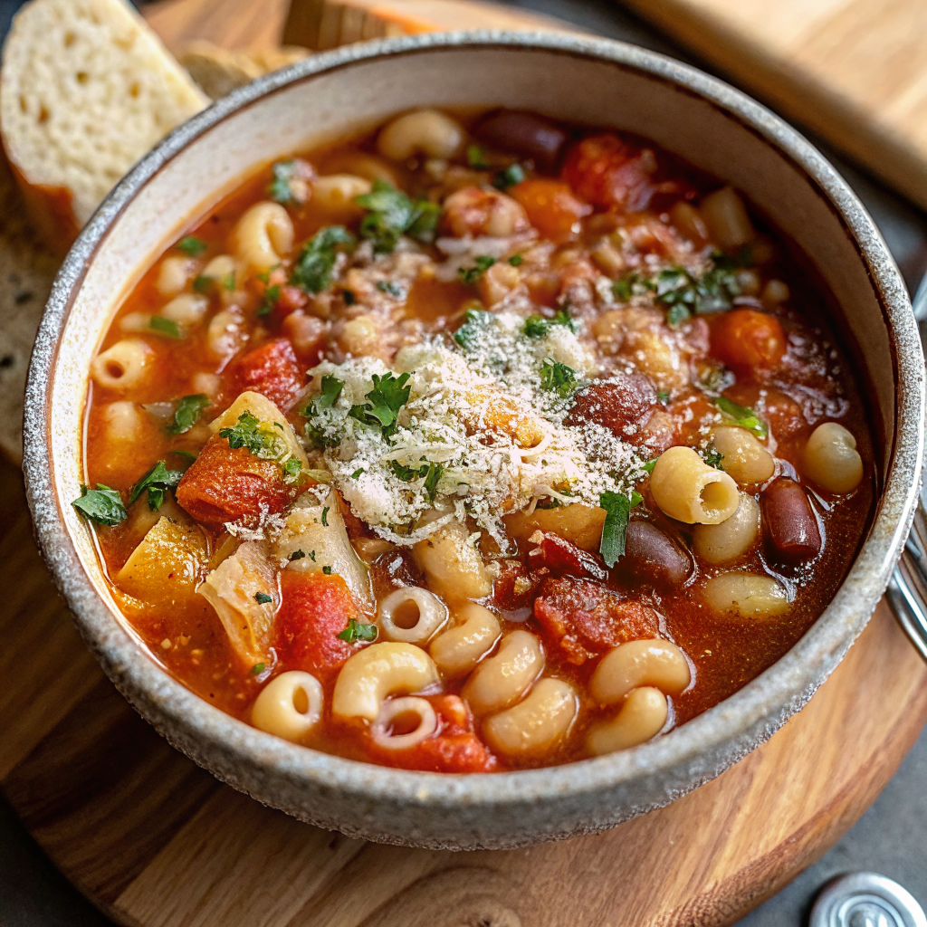 A steaming bowl of finished Crock Pot Pasta Fagioli garnished with fresh Parmesan cheese and herbs, served with crusty bread