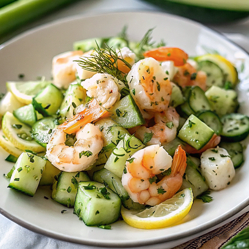 Beautifully plated Cucumber Shrimp Salad in a white bowl, garnished with fresh dill and lime wedges, showing the creamy texture and vibrant colors