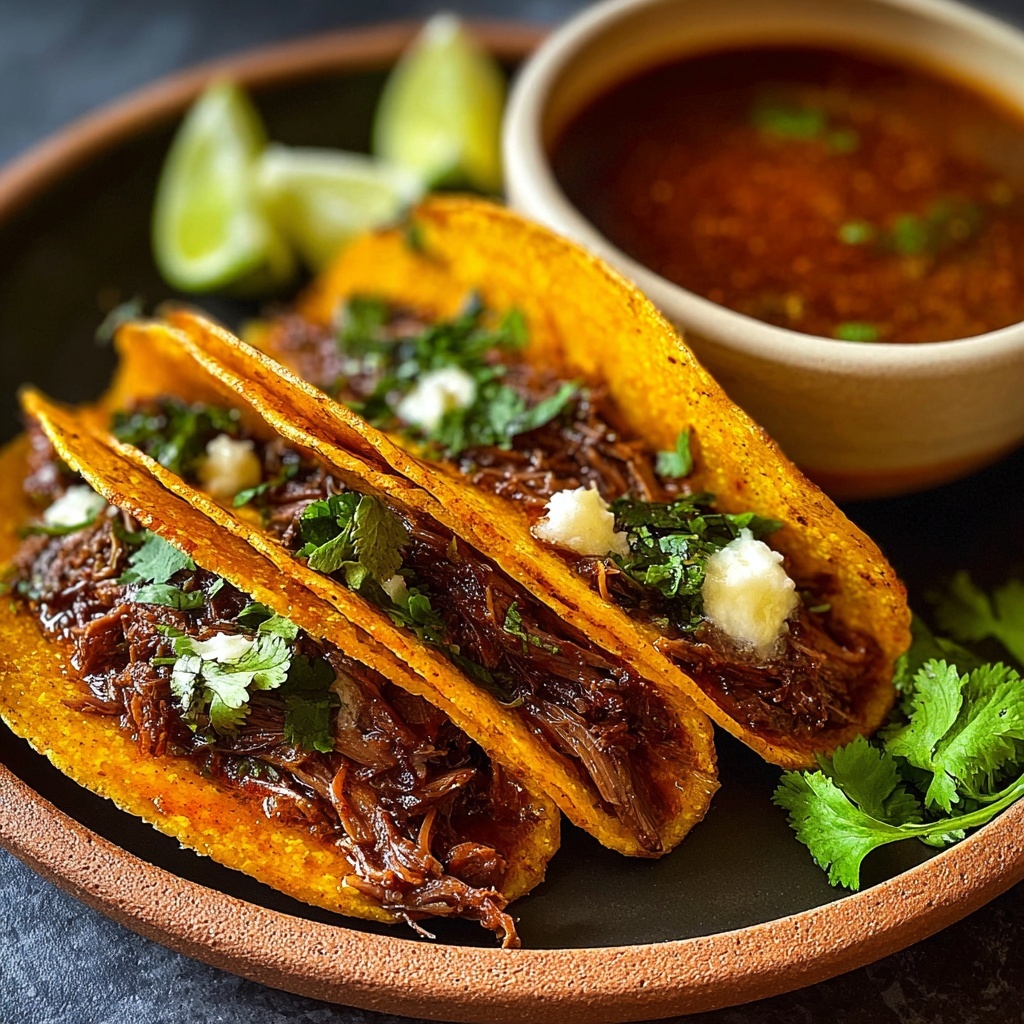 Finished Easy Birria Tacos with Consomme in the Slow Cooker served on a rustic wooden board with bowls of consomme
