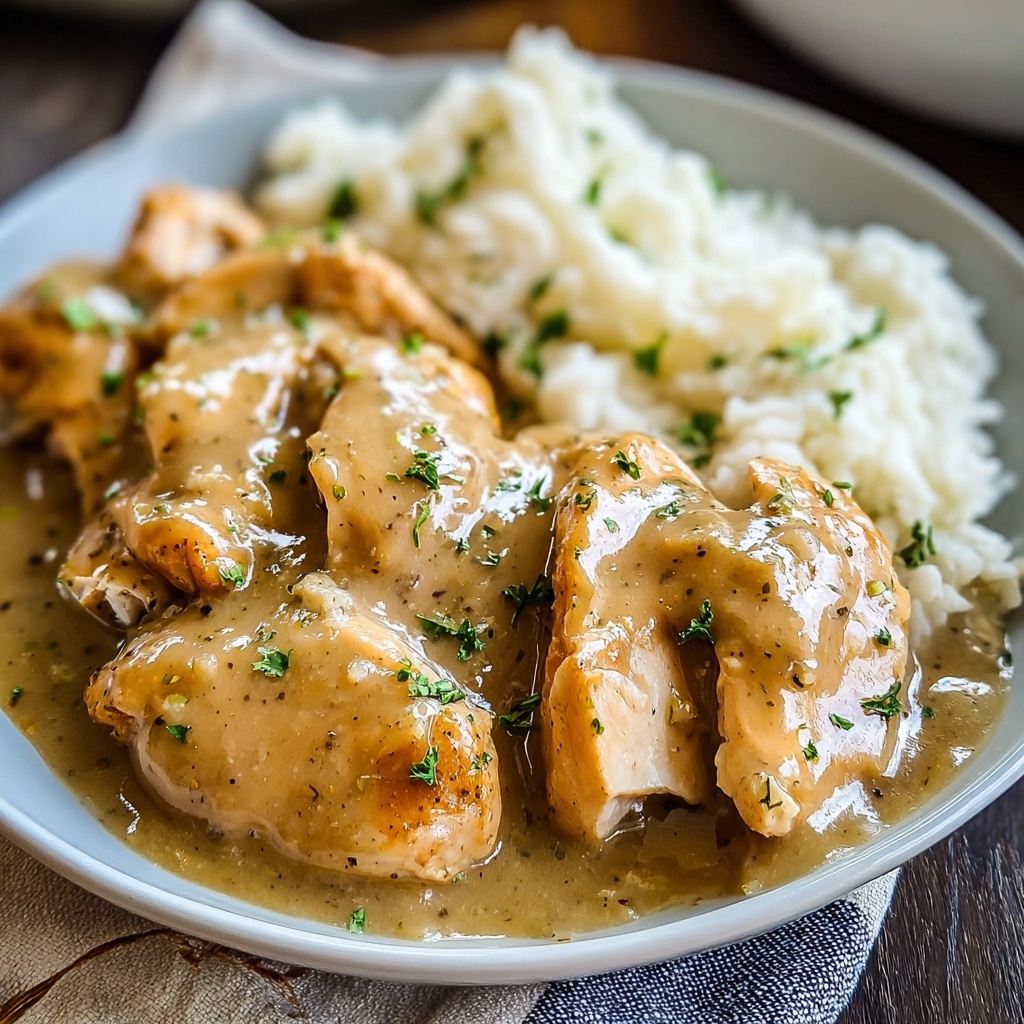Final plated Easy Crockpot Chicken and Gravy served over rice