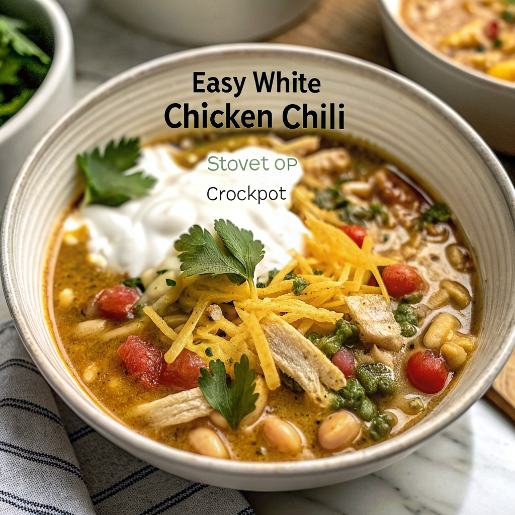 Finished bowl of creamy white chicken chili garnished with fresh cilantro, shredded cheese, and lime wedges, served with tortilla chips