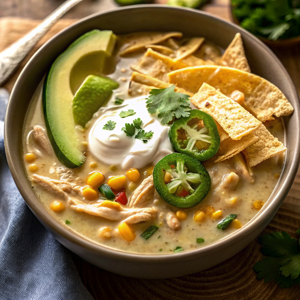 Beautiful bowl of flavorful crockpot white chicken chili soup with colorful garnishes artfully arranged