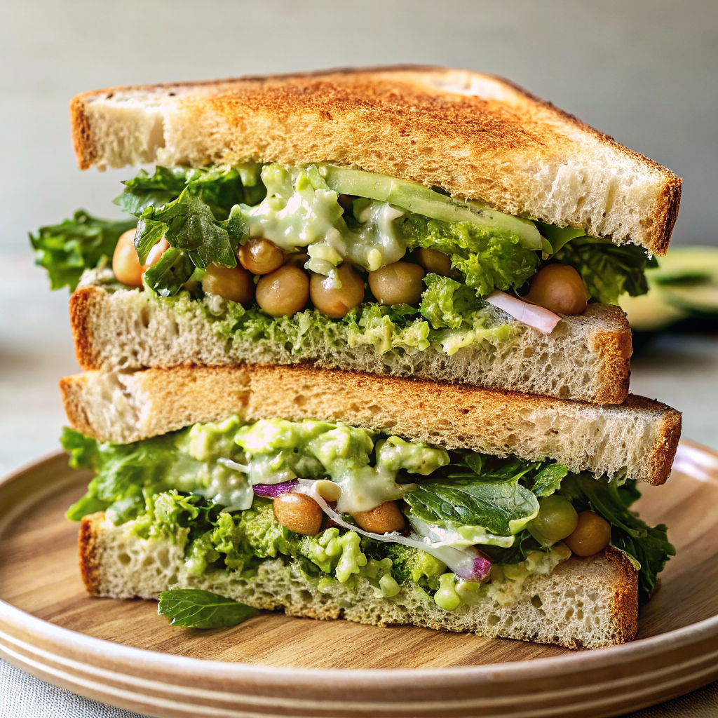 Final Green Goddess Salad Sandwich cut diagonally showing vibrant green filling layers and professional presentation