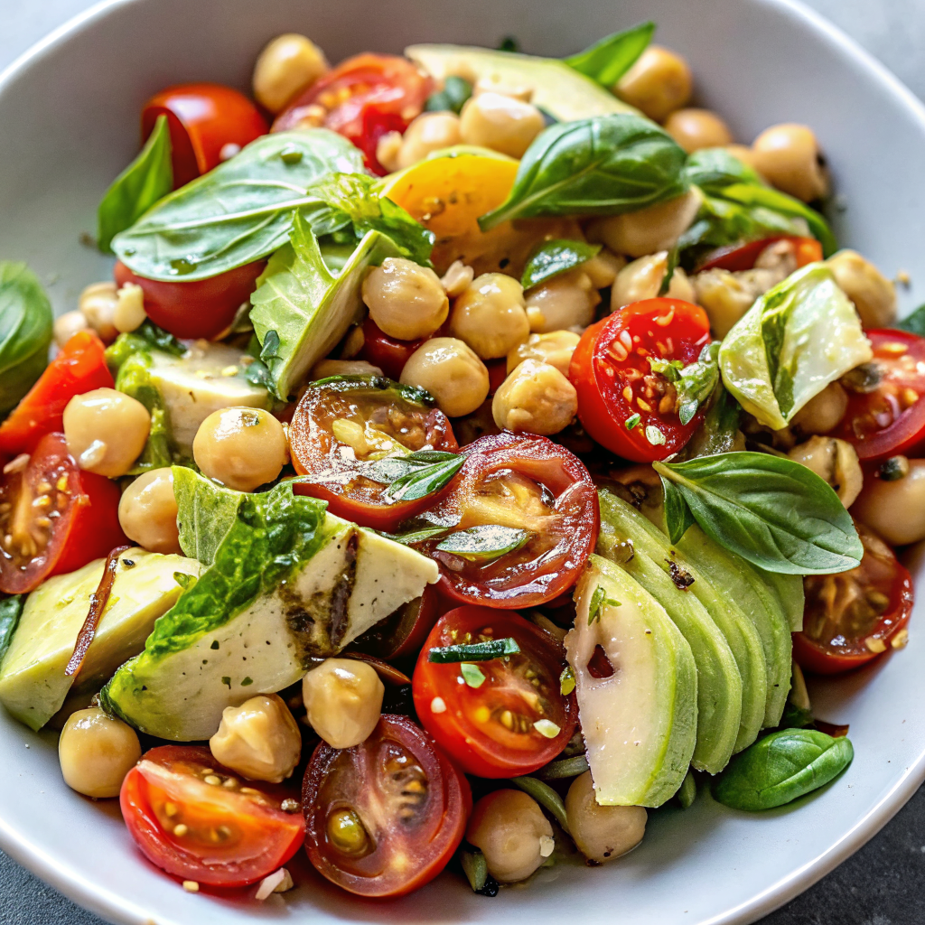 Beautiful finished High-Protein Tomato & Basil Salad served in a white bowl, showing colorful tomatoes, avocado, chickpeas, and fresh herbs