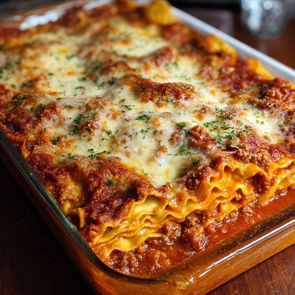 A perfectly baked homemade lasagna with golden cheese top and visible layers, served on a rustic wooden table