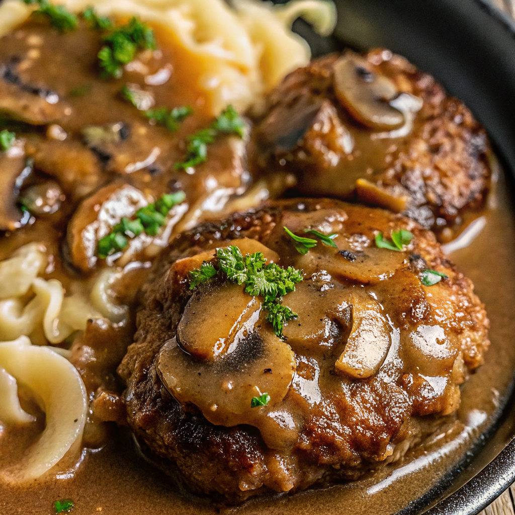 Beautifully plated homemade Salisbury steak with rich gravy, caramelized onions and mushrooms on white plate