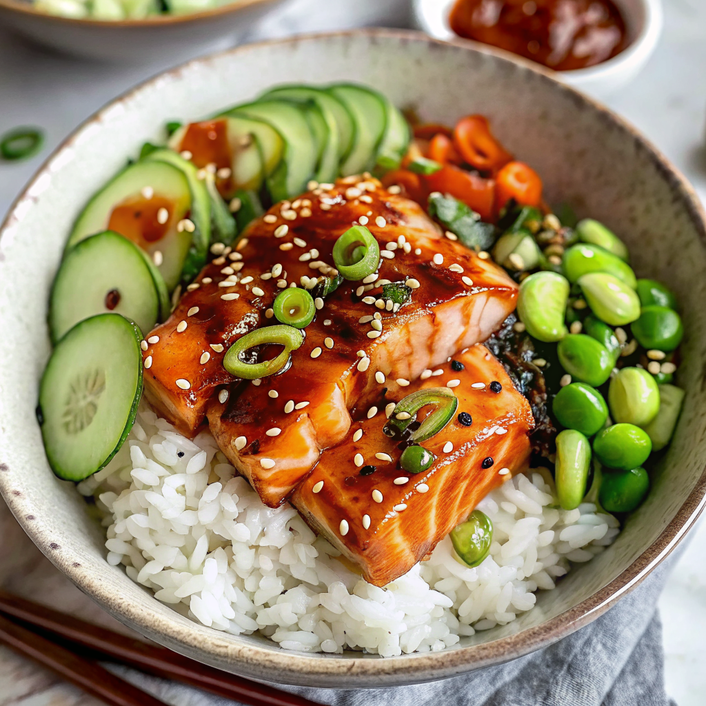 Beautifully plated Honey Sriracha Salmon Bowls with glazed salmon cubes, fresh vegetables, and colorful garnishes in white ceramic bowls