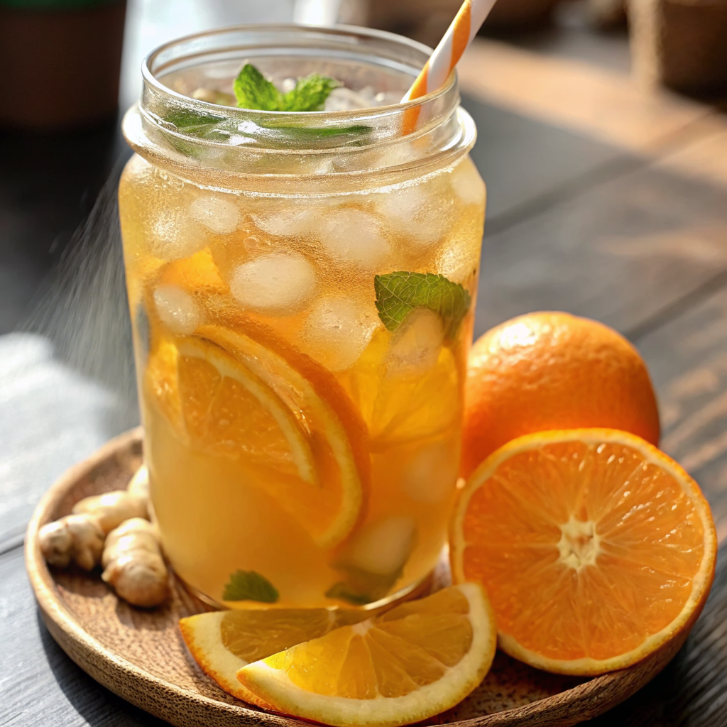 Tall glass of golden iced orange ginger green tea with ice cubes, orange wheel garnish, and fresh mint sprig on a sunny outdoor table