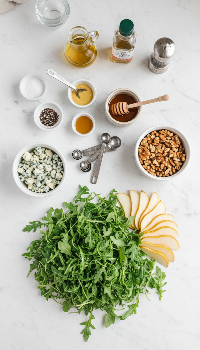 Fresh ingredients for arugula pear salad including baby arugula, ripe pears, blue cheese, walnuts, and dressing components arranged on a clean white surface