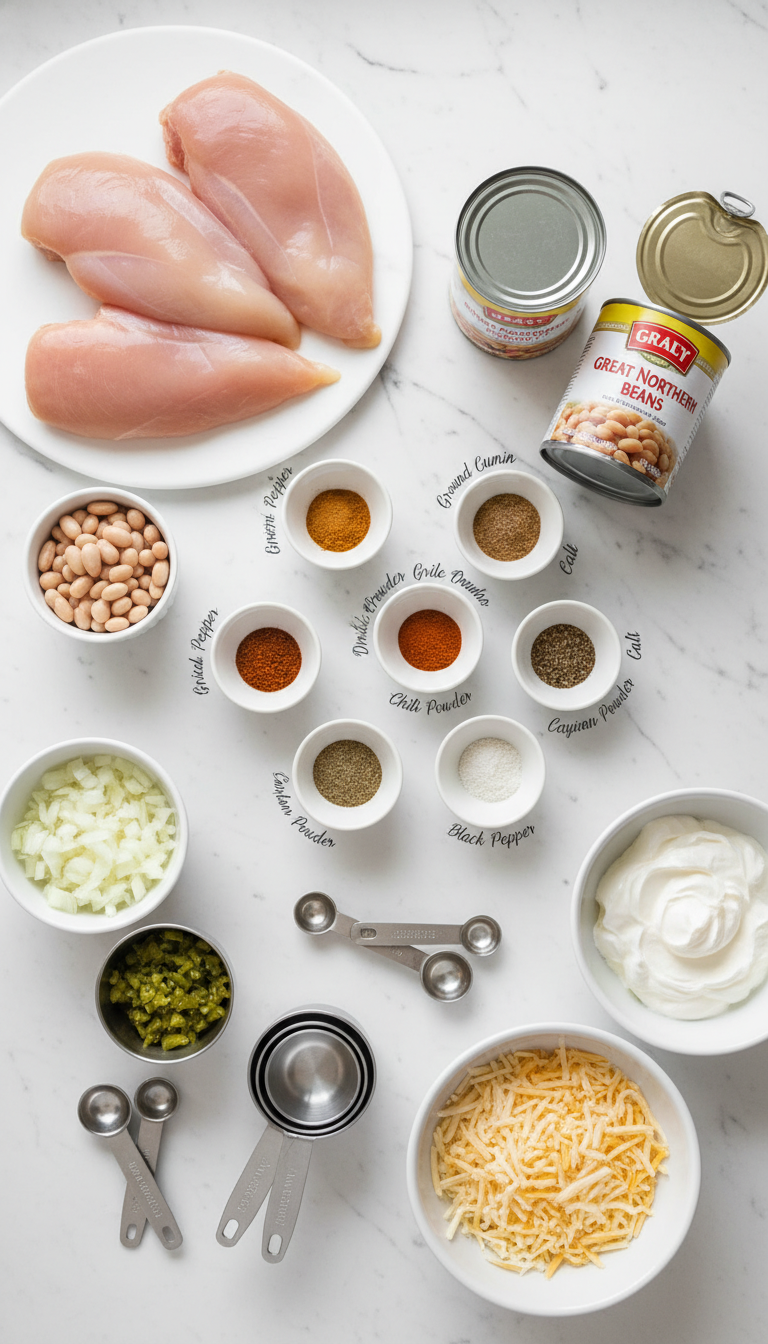 Beautifully arranged ingredients for Award Winning White Chicken Chili Recipe showcasing vibrant colors and textures