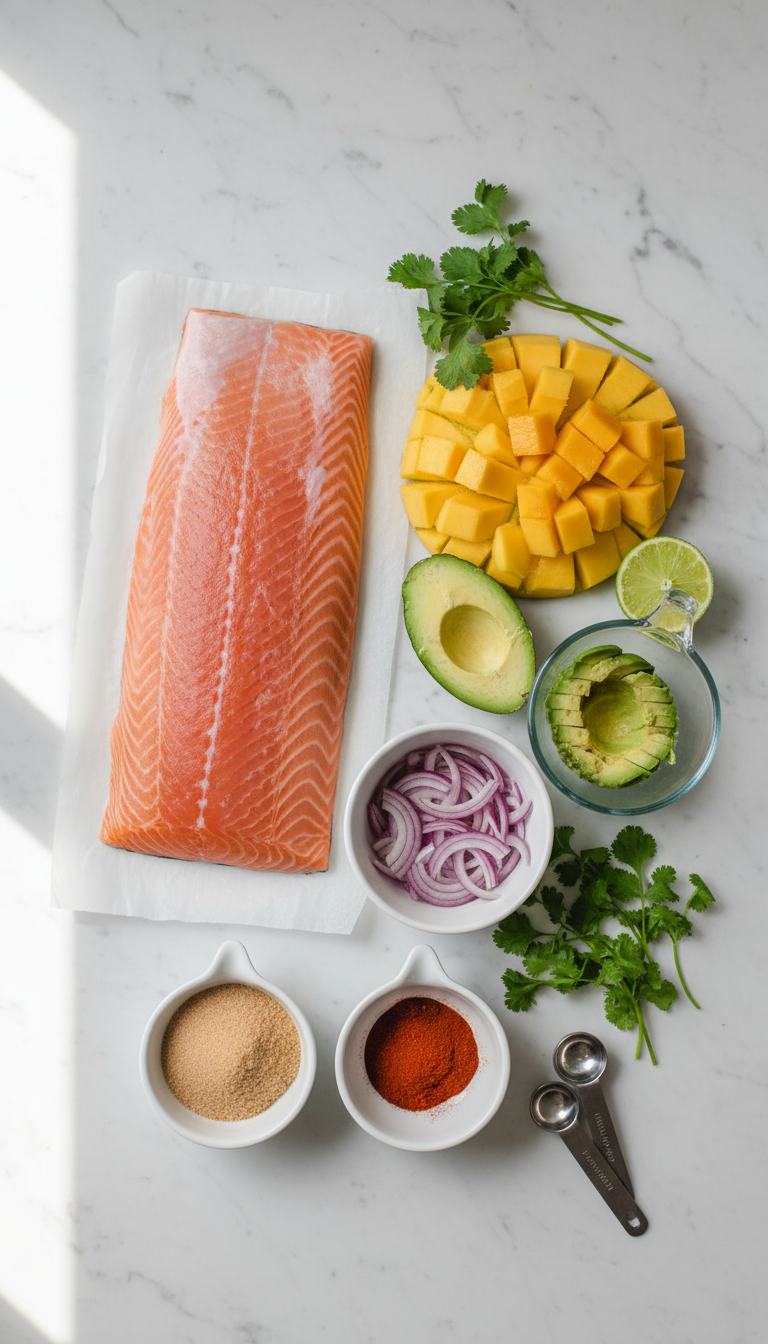 Fresh ingredients for BBQ Salmon Bowls with Mango Avocado Salsa arranged on white marble surface