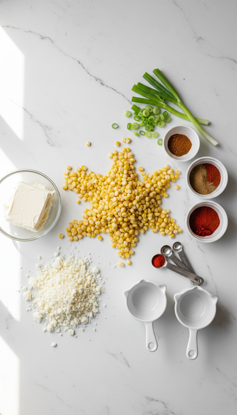 Fresh ingredients for Baked Elote Dip including corn kernels, Cotija cheese, and colorful scallions arranged on a marble surface