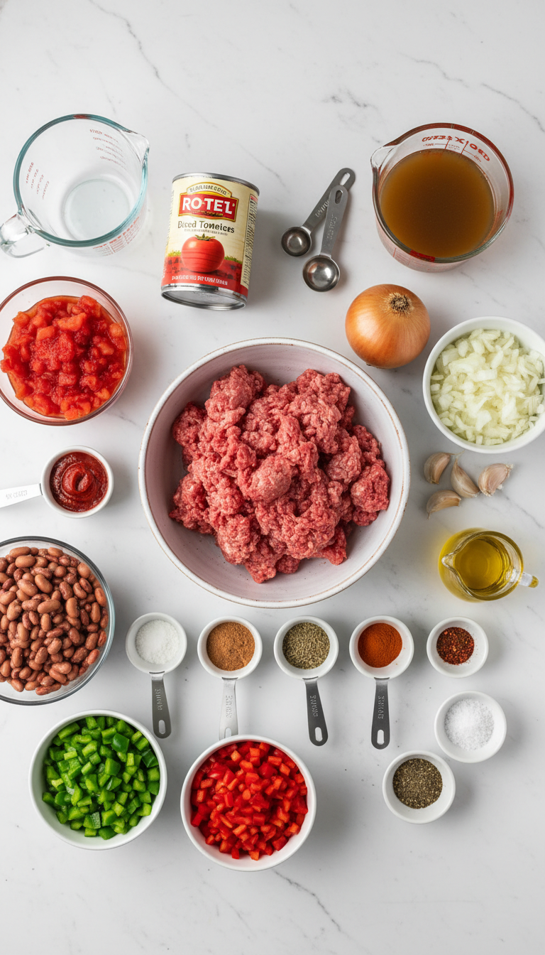 Fresh ingredients for best chili recipe including ground beef, beans, tomatoes, and aromatic spices arranged on kitchen counter