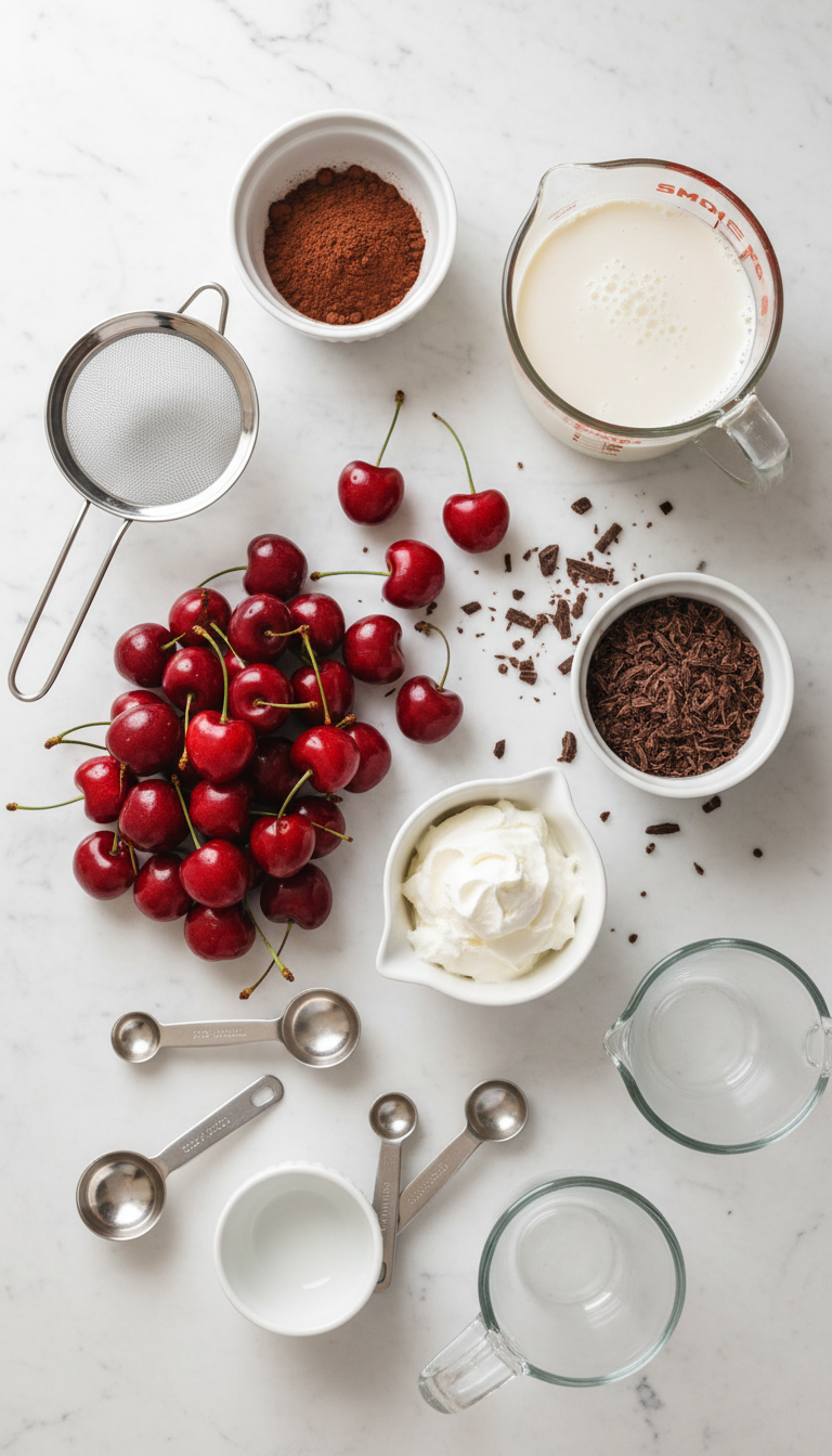 All ingredients for Black Forest Cake laid out including flour, cocoa powder, cherries, and whipped cream components