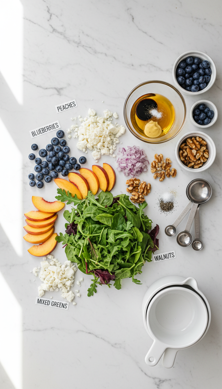 Fresh ingredients for Blueberry Peach Feta Salad arranged on a wooden cutting board including blueberries, sliced peaches, crumbled feta cheese, mixed greens, red onion, and walnuts