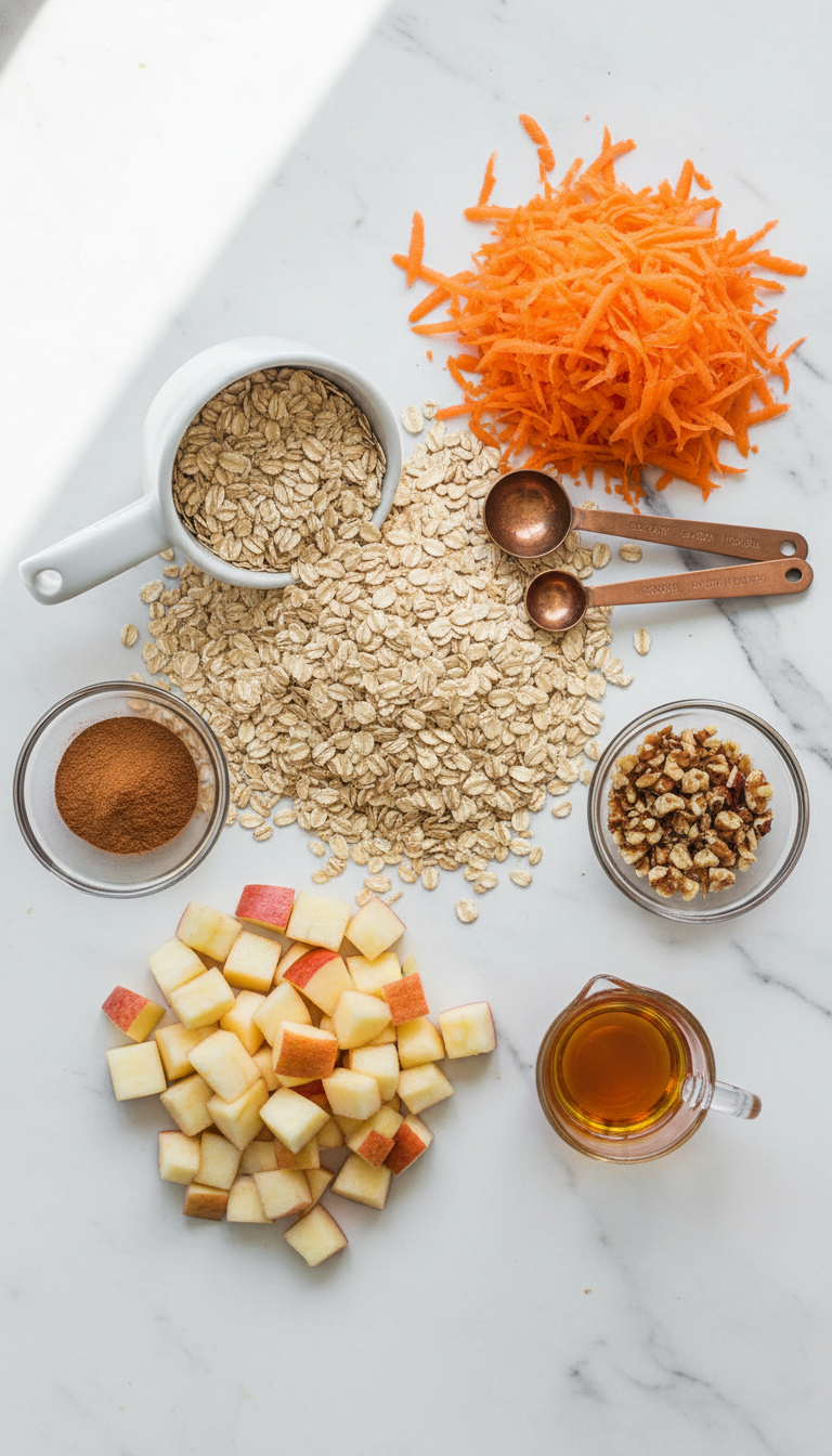 Fresh ingredients for carrot apple oatmeal including rolled oats, grated carrot, diced apple, cinnamon, and maple syrup arranged on a wooden cutting board
