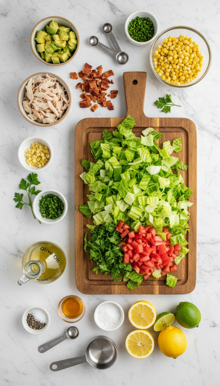 Fresh ingredients laid out for Chicken Turkey Bacon Avocado Chopped Salad with Lemon Vinaigrette including chicken breasts, avocados, turkey bacon, lettuce, and lemon