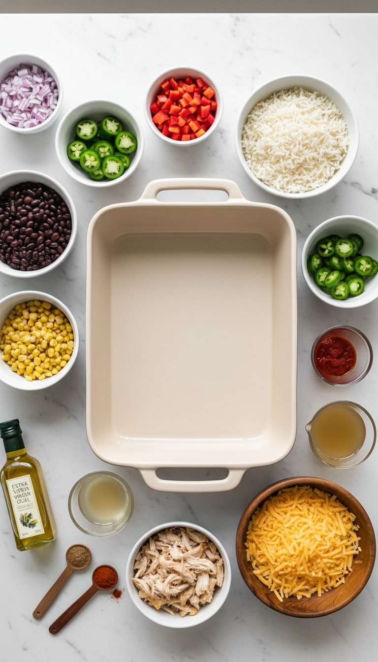 Fresh ingredients for Chicken Burrito Casserole including diced red onion, bell peppers, jalapeños, rice, spices, and shredded chicken arranged on a marble countertop