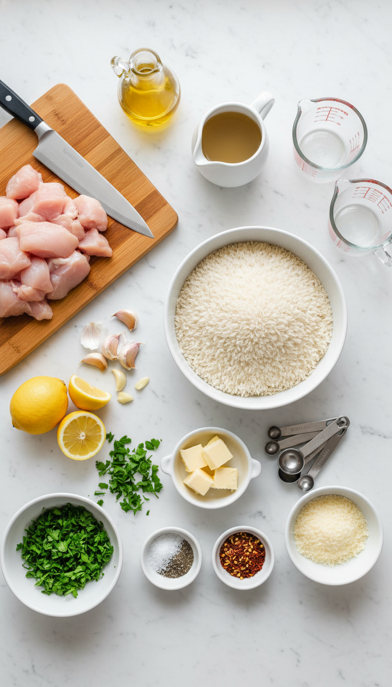 Fresh ingredients for Chicken Scampi with Garlic Parmesan Rice arranged on marble countertop