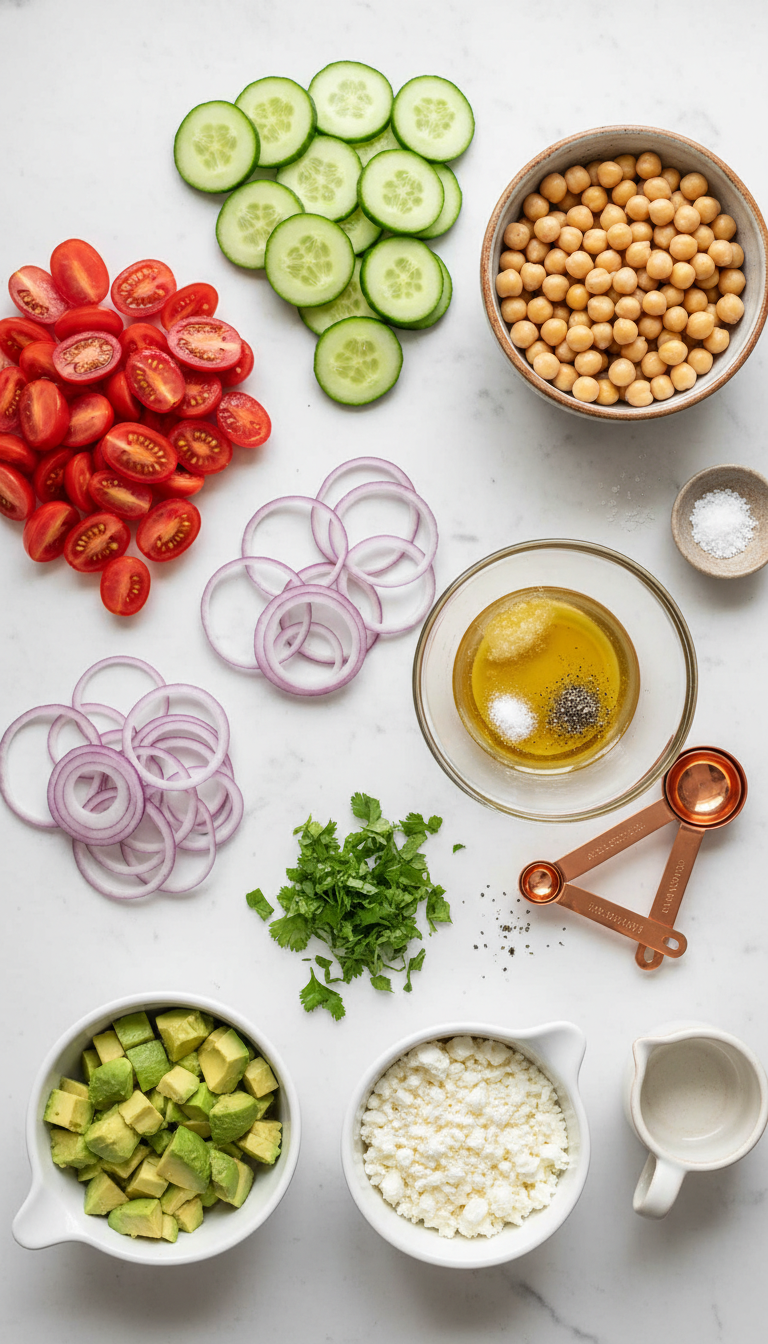 Fresh ingredients for chickpea salad including cherry tomatoes, cucumber, chickpeas, feta cheese, and herbs arranged on a wooden cutting board