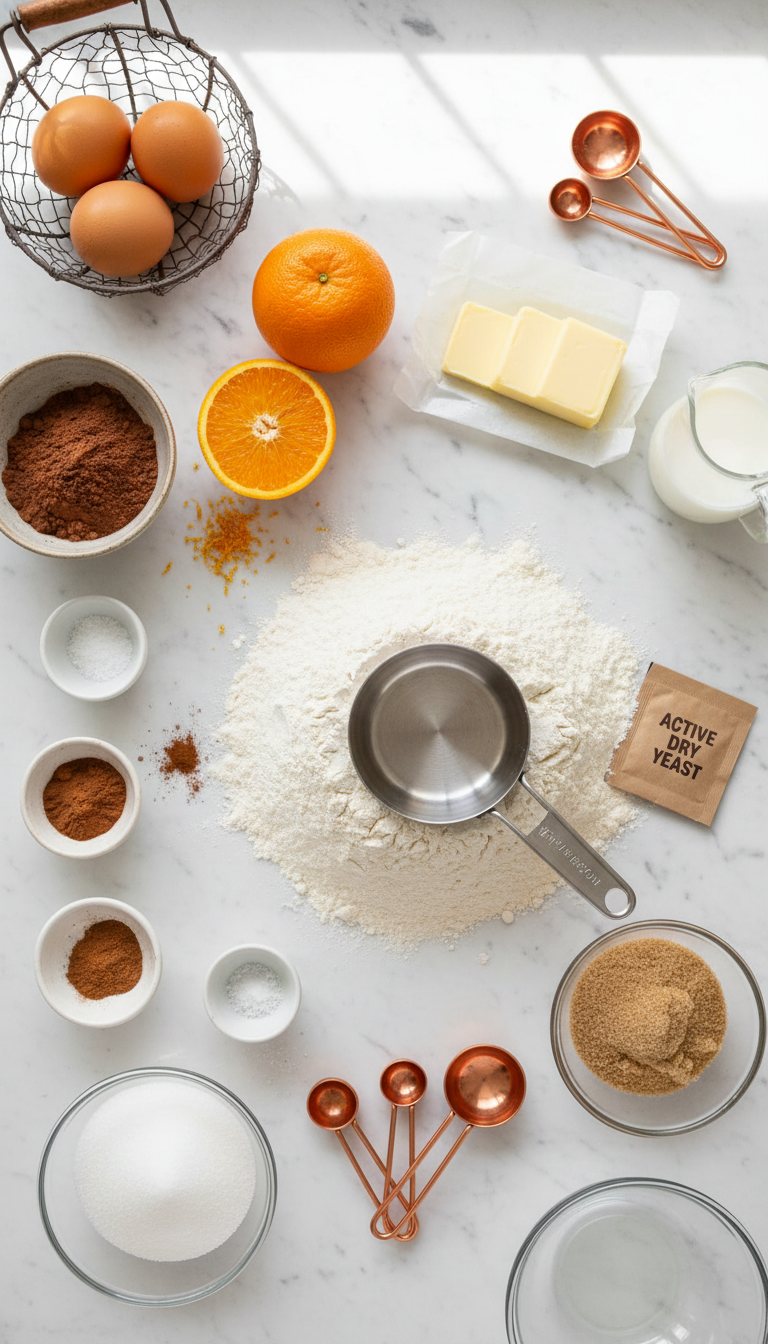 Fresh ingredients for chocolate orange cinnamon rolls including butter, milk, flour, cocoa powder, orange zest, and cinnamon arranged on a marble counter