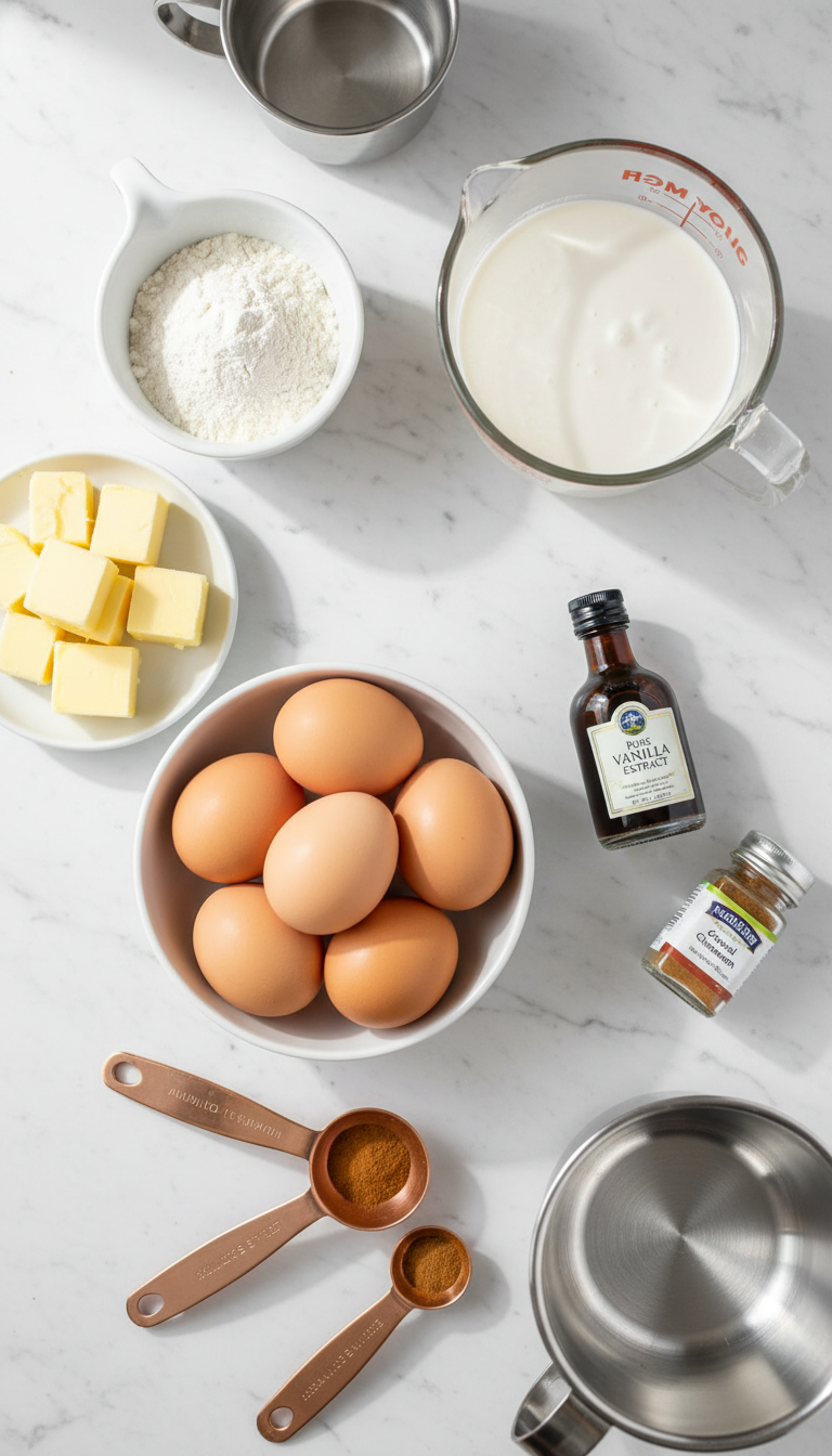 Fresh ingredients for Christmas Eve Cinnamon-Vanilla Creamy Custard Pie Recipe arranged on marble countertop