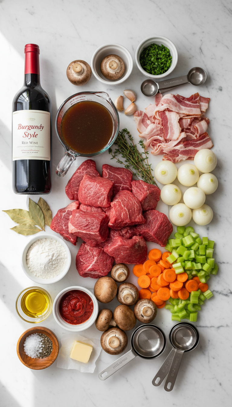 Fresh ingredients for Classic Beef Bourguignon Recipe including beef chuck, vegetables, and herbs arranged on a wooden cutting board