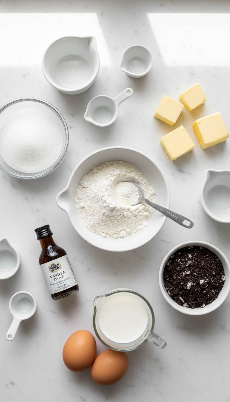 Fresh ingredients for cookies and cream cinnamon rolls including flour, butter, eggs, milk, yeast, brown sugar, cinnamon, crushed Oreos, cream cheese and powdered sugar arranged on a marble countertop