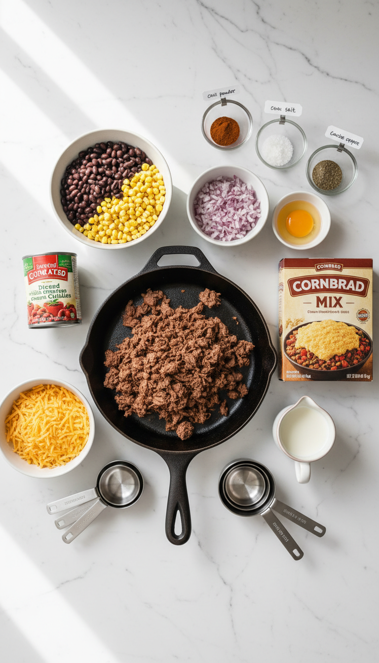 Beautifully arranged ingredients for Cornbread Cowboy Casserole showing vibrant colors and textures