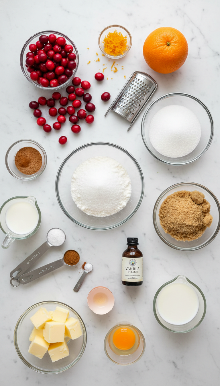 Fresh ingredients for cranberry orange muffins with streusel topping arranged on marble countertop