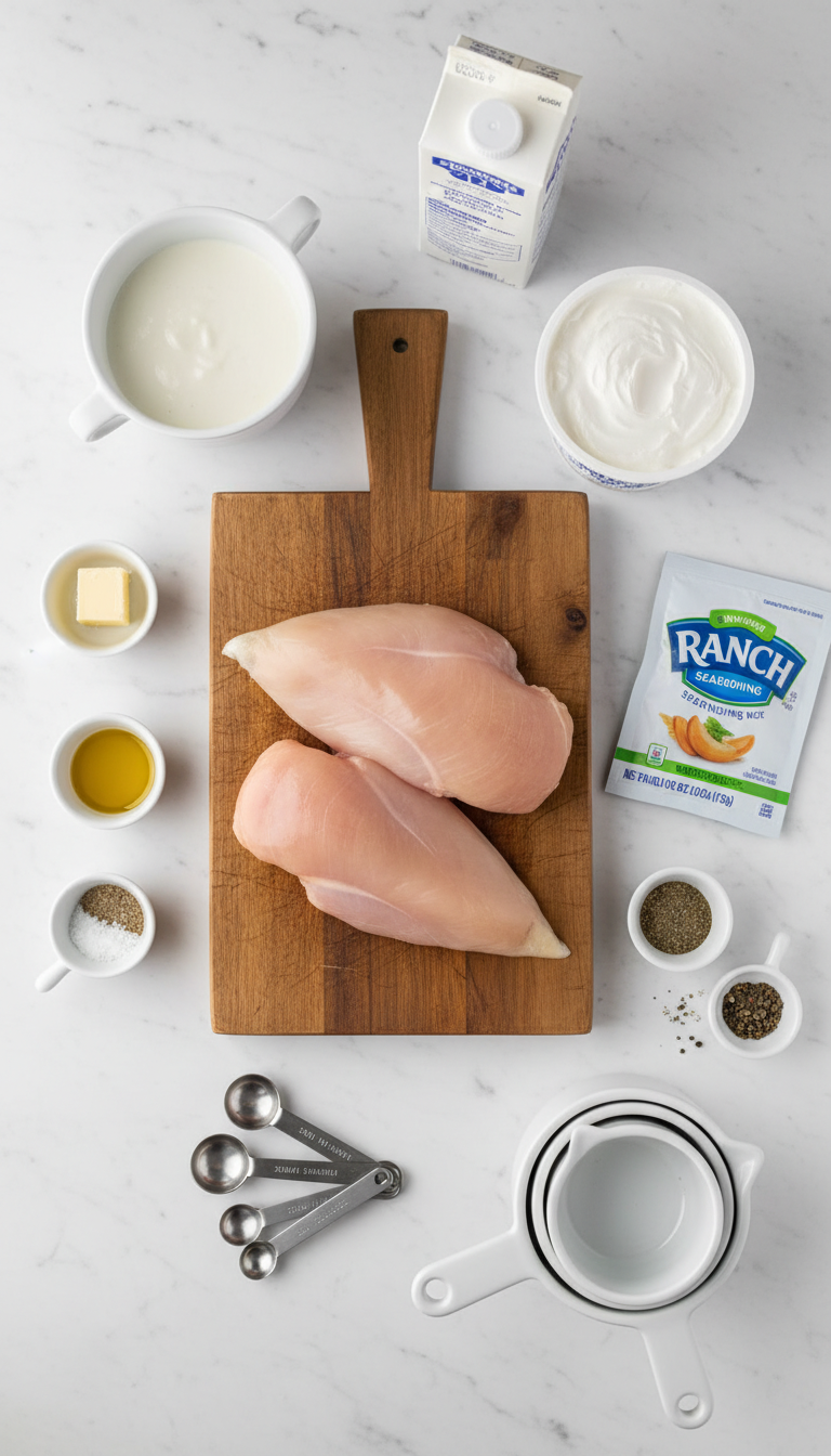 Fresh ingredients for creamy ranch chicken arranged on marble surface including golden chicken breasts, cream soup, and ranch seasoning